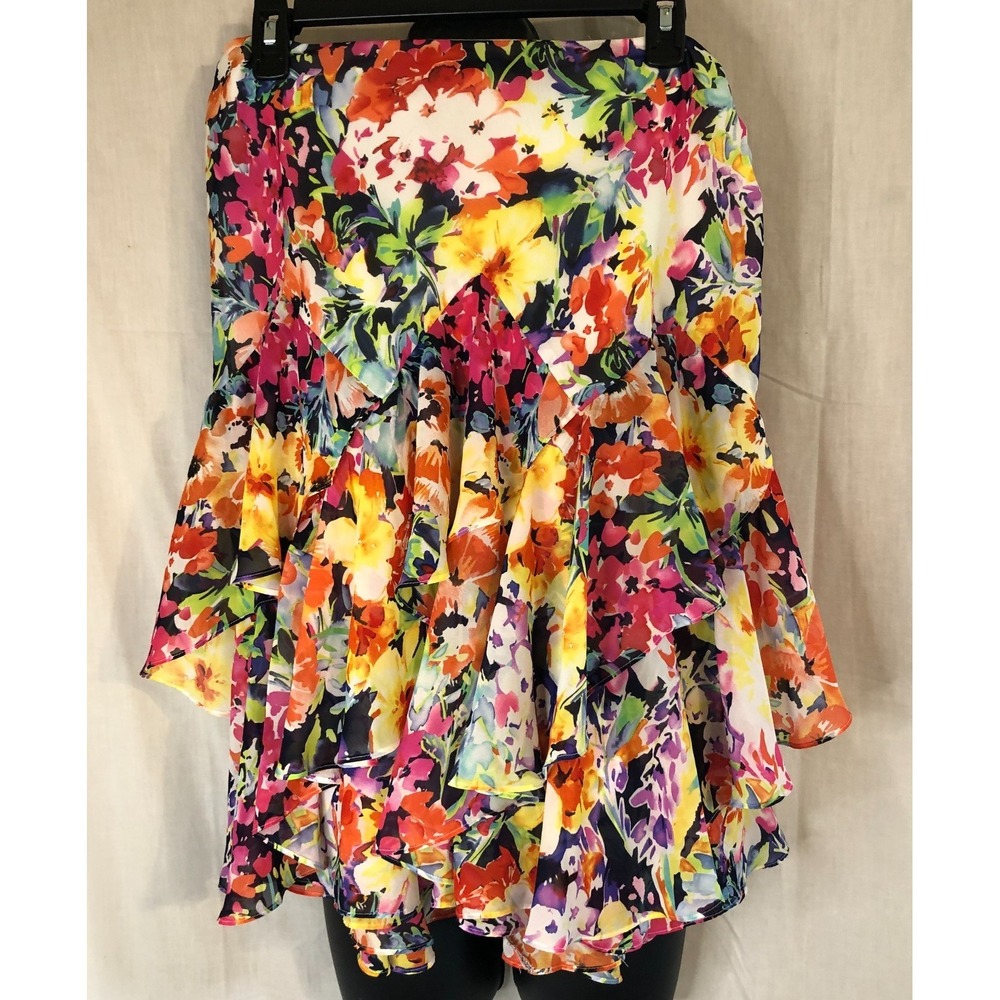 Lauren Ralph Lauren Multi Floral Asymmetrical Ruffled Skirt Georgette Size 10